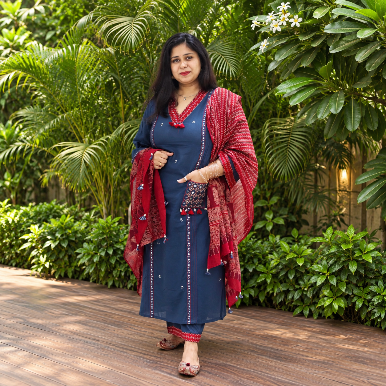 Yusee Neel – Blue Cotton A-Line Suit with Printed Dupatta & V-Neck