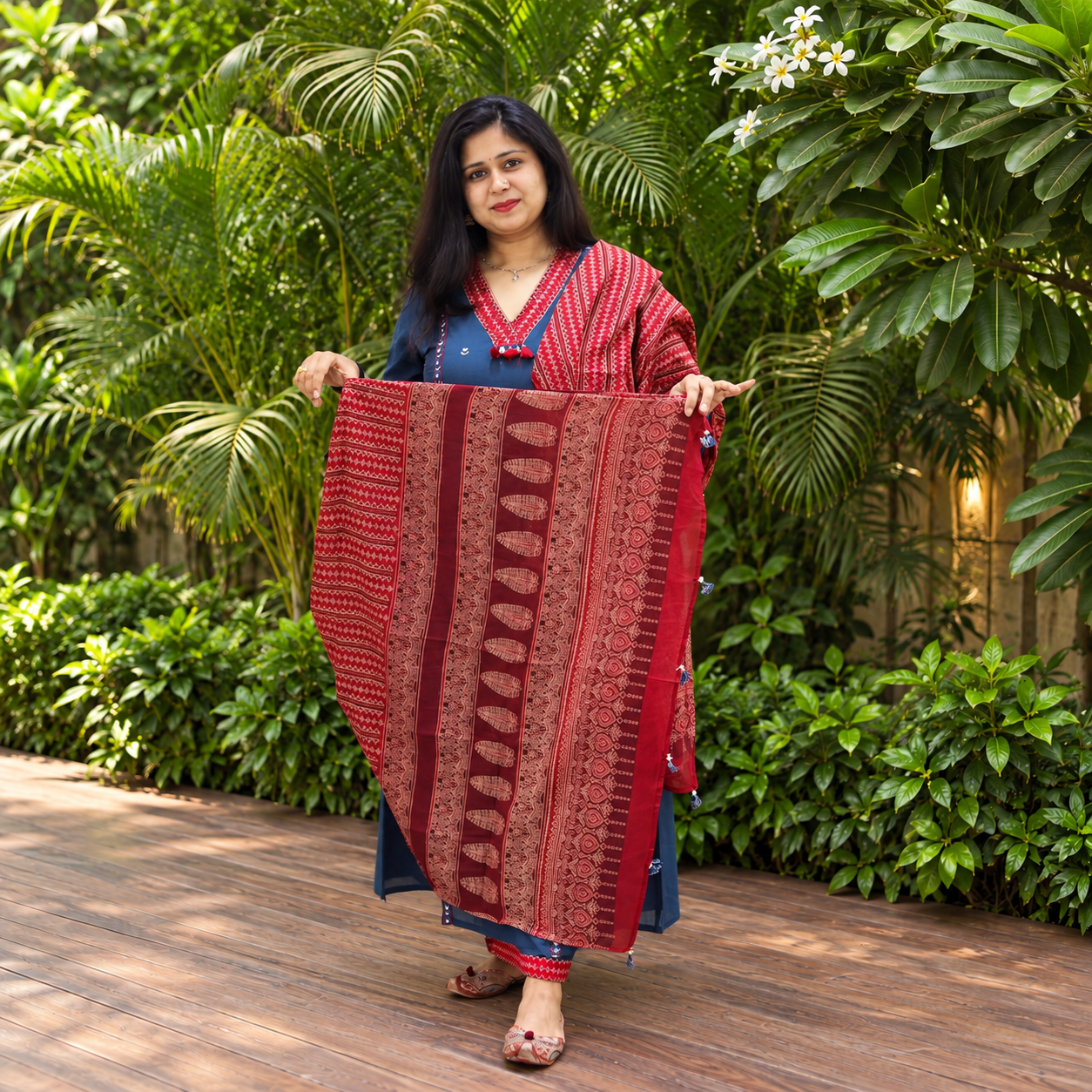 Yusee Neel – Blue Cotton A-Line Suit with Printed Dupatta & V-Neck