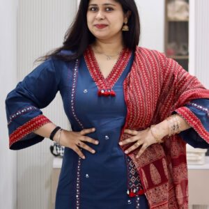 yusee neel – blue cotton a line suit with printed dupatta & v neck