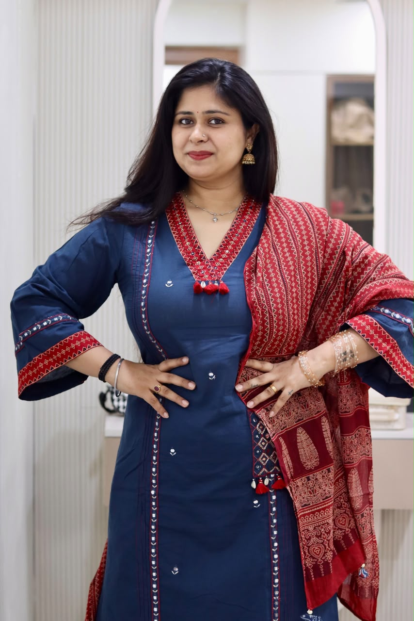 yusee neel – blue cotton a line suit with printed dupatta & v neck yusee neel – blue cotton a line suit with printed dupatta & v neck