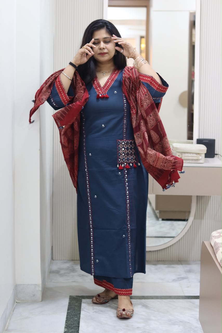 yusee neel – blue cotton a line suit with printed dupatta & v neck yusee neel – blue cotton a line suit with printed dupatta & v neck