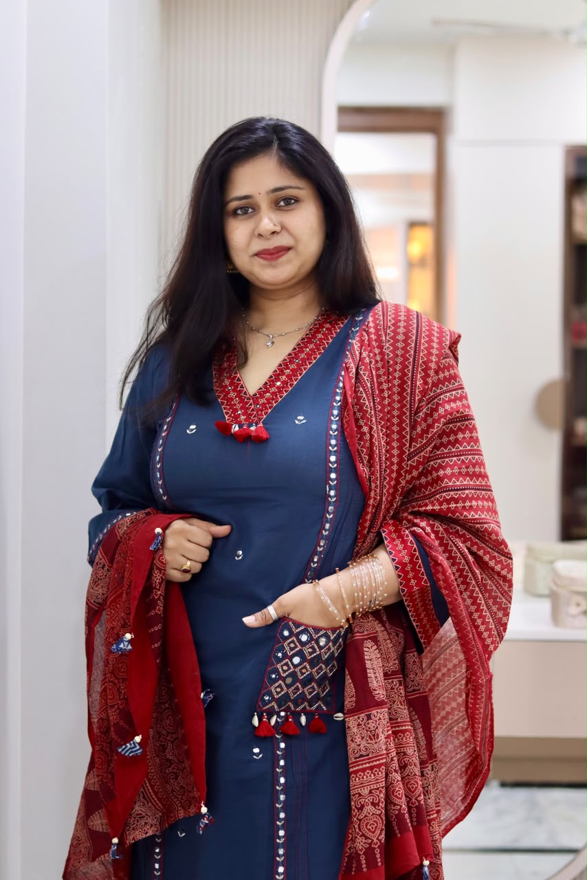 yusee neel – blue cotton a line suit with printed dupatta & v neck yusee neel – blue cotton a line suit with printed dupatta & v neck