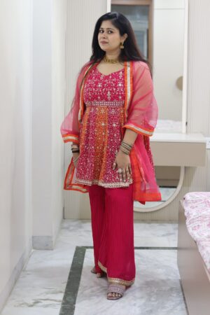 Embroidered Georgette Suit - Pink & Orange